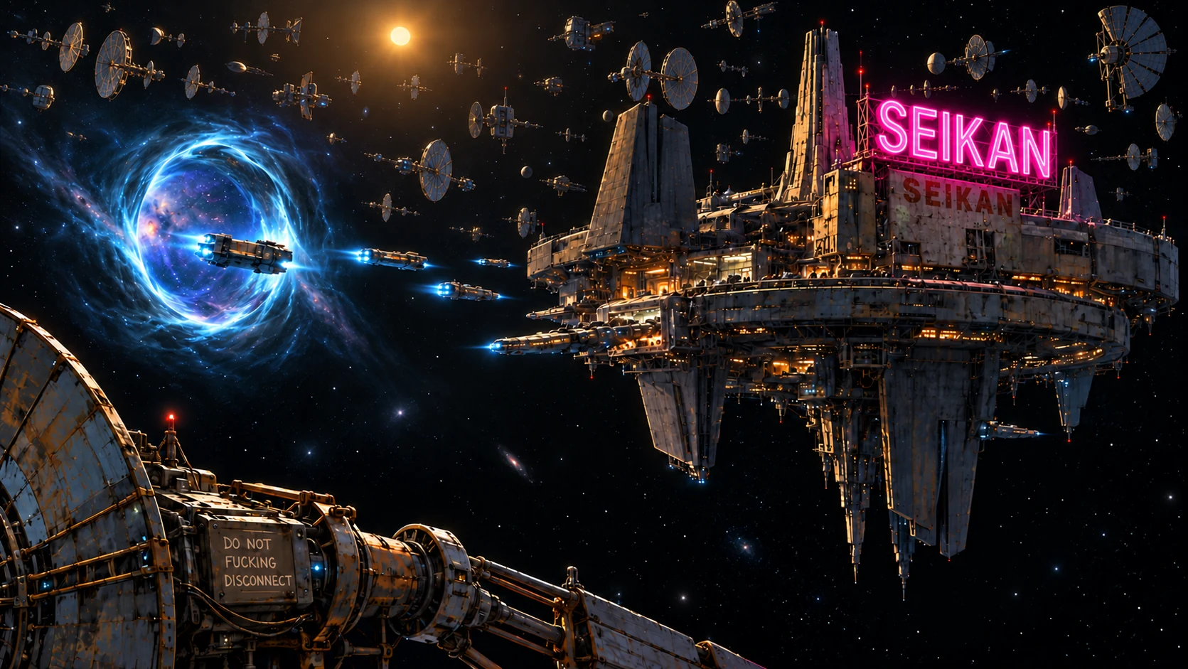 SEIKAN travel hub with wormhole, ships, collectors, and industrial machinery