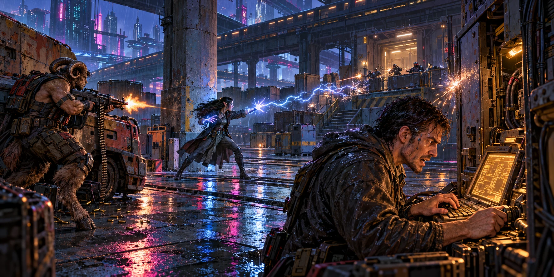 Cyberpunk combat scene beneath elevated rails with gunfire, electrical attack, and a decker at a terminal